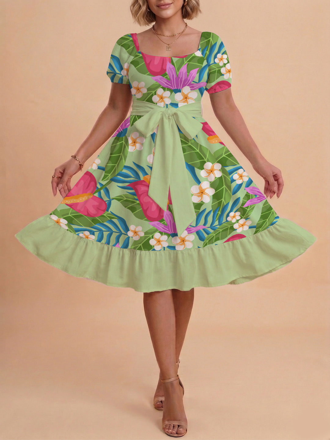 Damen elegantes Maxikleid mit floralem Design und Taillengürtel Drune