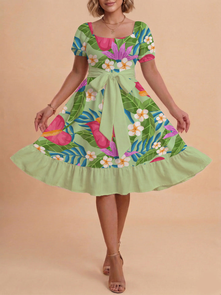 Damen elegantes Maxikleid mit floralem Design und Taillengürtel Drune