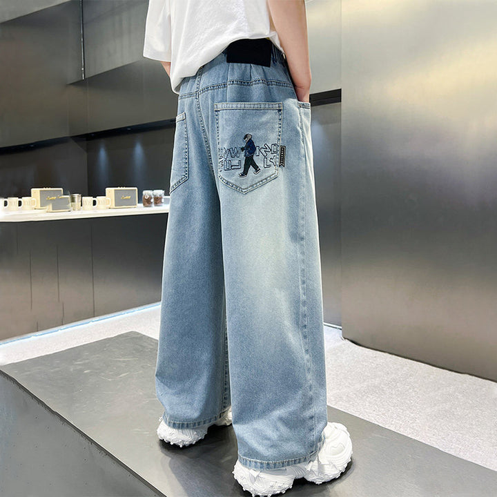 Unisex Weit geschnittene Denim-Hose mit kreativem Stickdesign Drune