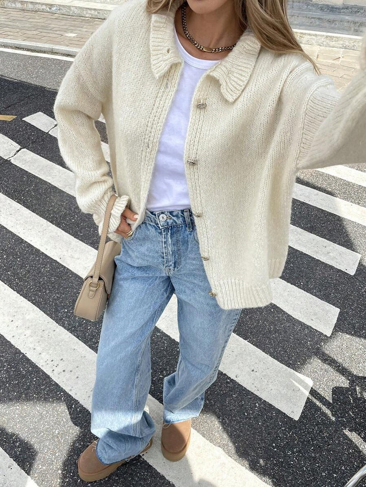 Damen lässige und oversized Strickjacke mit Knopfleiste Drune