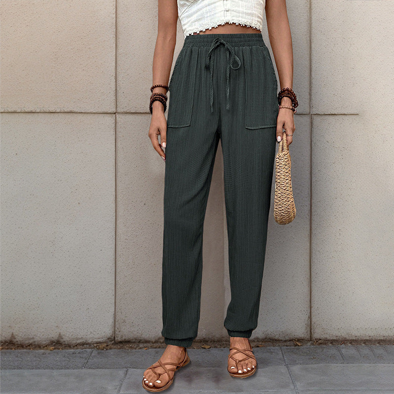 Damen elastische Freizeit-Hose mit seitlichen Taschen und Kordelzug Drune