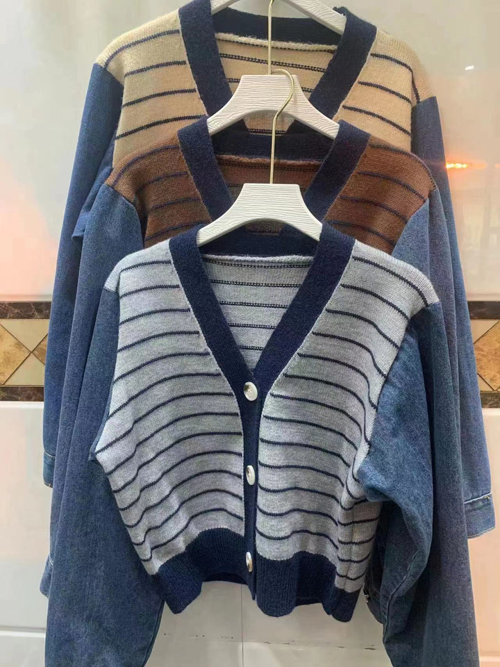 Damen modische Strickjacke mit modernen Streifen-Design und Raglanärmeln Drune
