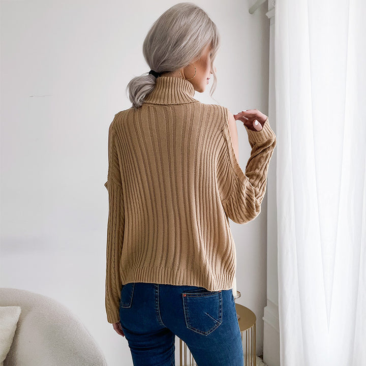 Damen Strickpullover mit Off-Shoulder-Design und hohen Kragen Drune