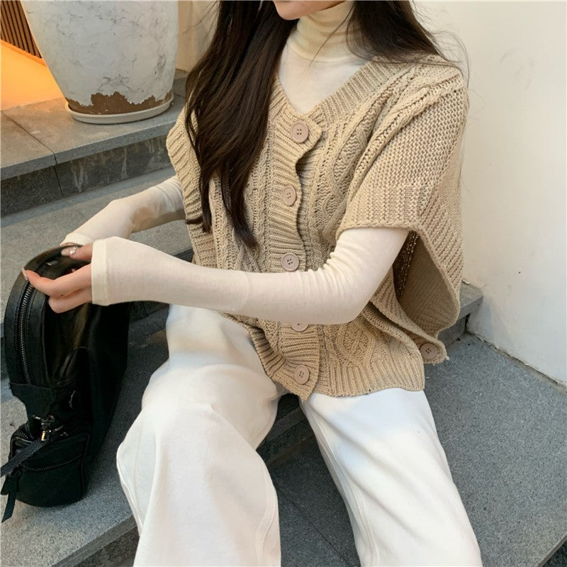 Damen Strickpullover mit Knopfleiste und Zopfmuster Drune