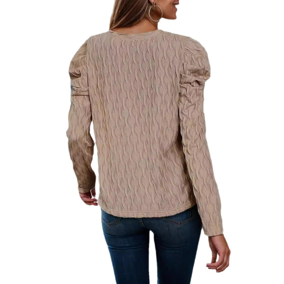 Damen Strickpullover mit Wellenmuster und Puffärmeln Drune