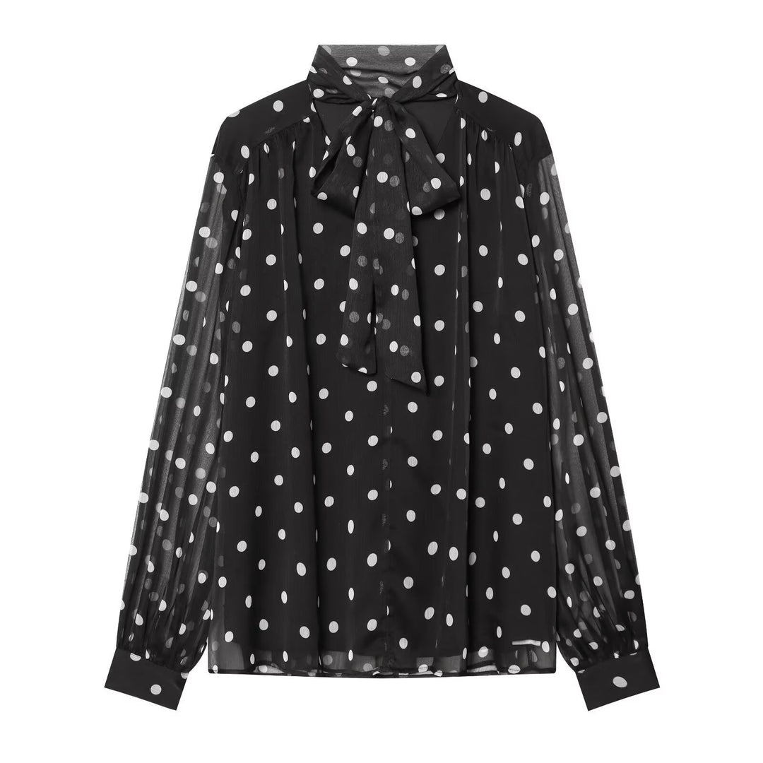 Damen transparente Bluse mit Schleifenkragen im Polka-Dot-Design Drune