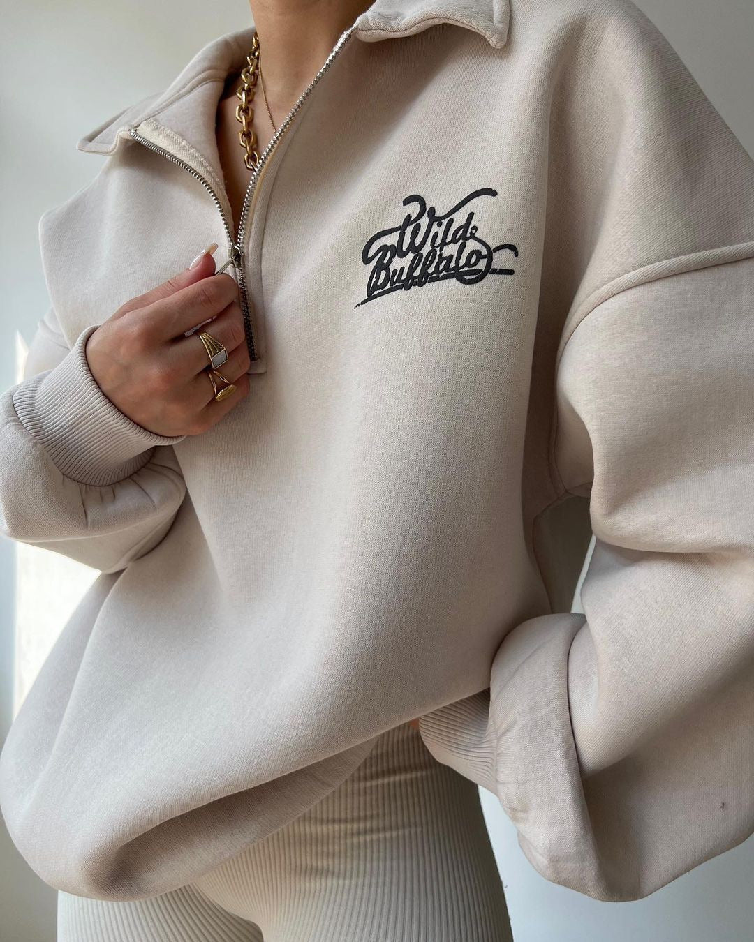 Damen Hoodie-Pullover mit hohem Kragen und Reißverschluss Drune