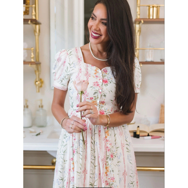 Damen Maxikleid mit floralem Design und langen Puffärmeln Drune