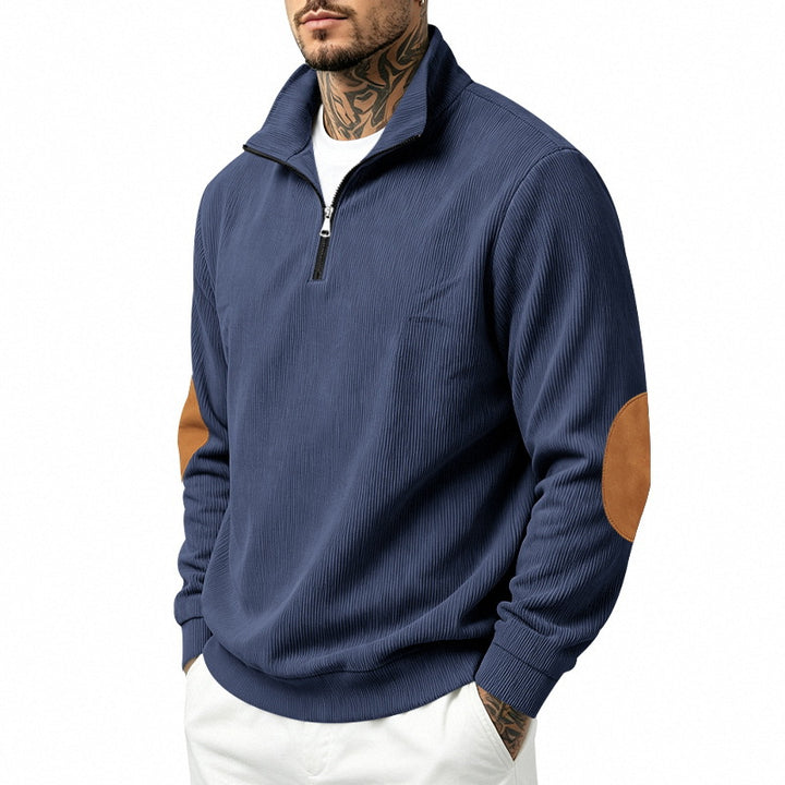 Herren nan Halbzip-Sweatshirt mit Stehkragen, feiner Waffelstruktur und Lederoptik-Ellenbogenpatchs Drune