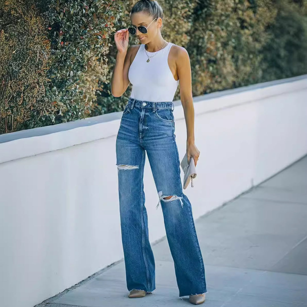 Damen Weitgeschnittene High-Waist Jeans mit Distressed-Details Drune