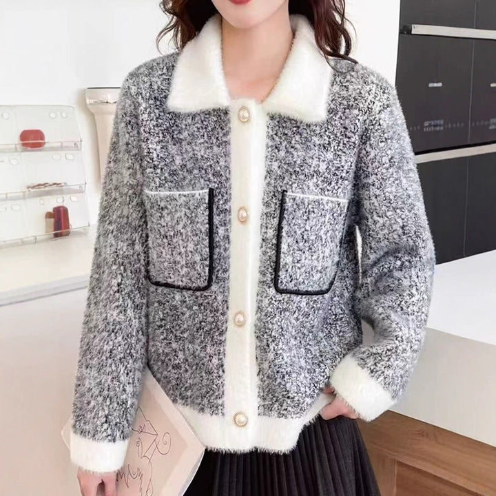 Damen Flauschige Strickjacke mit kontrastierenden Taschen und Kragen Drune