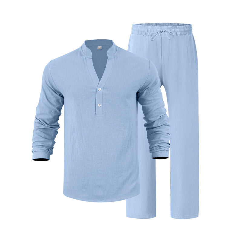 Herren komfortables Homewear-Set mit eleganter Knopfleiste und langen Hosen Drune