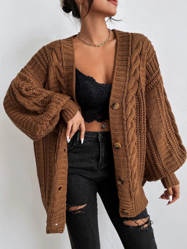 Damen Grobstrick Cardigan mit weiten Ärmeln und Knopfdetails Drune
