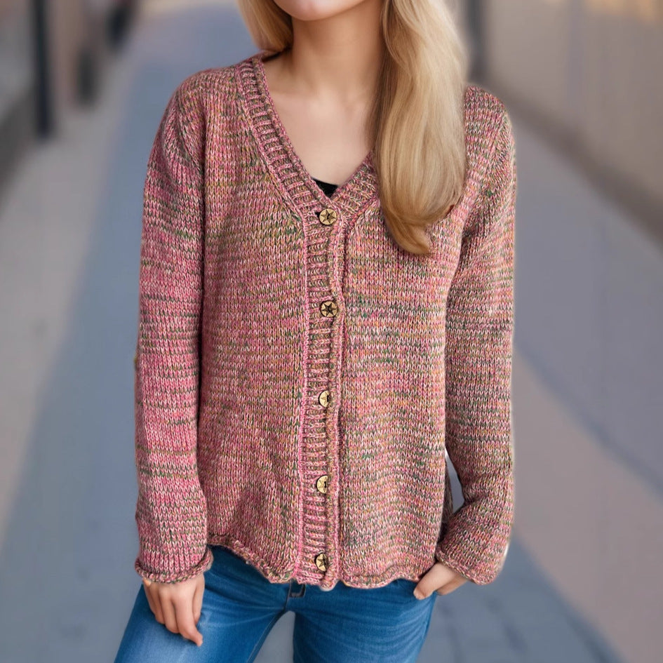 Damen Strickjacke mit kreativem Farbmuster und goldenen Knöpfen Drune