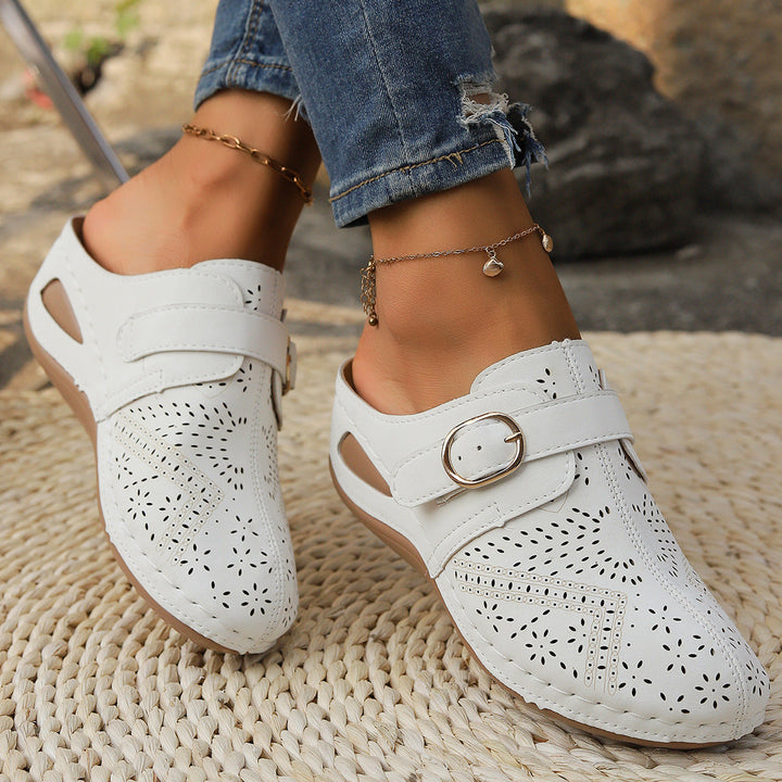 Damen geschlossene Clogs mit dekorativen Lochmustern und eleganter Schnalle Drune