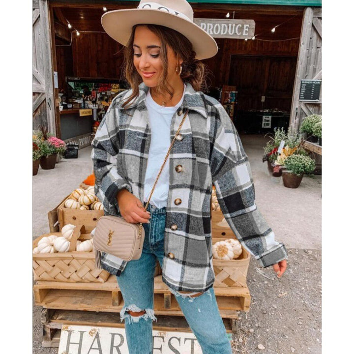 Damen Flanellhemdjacke im modernen Karomuster mit Knopfverschluss Drune