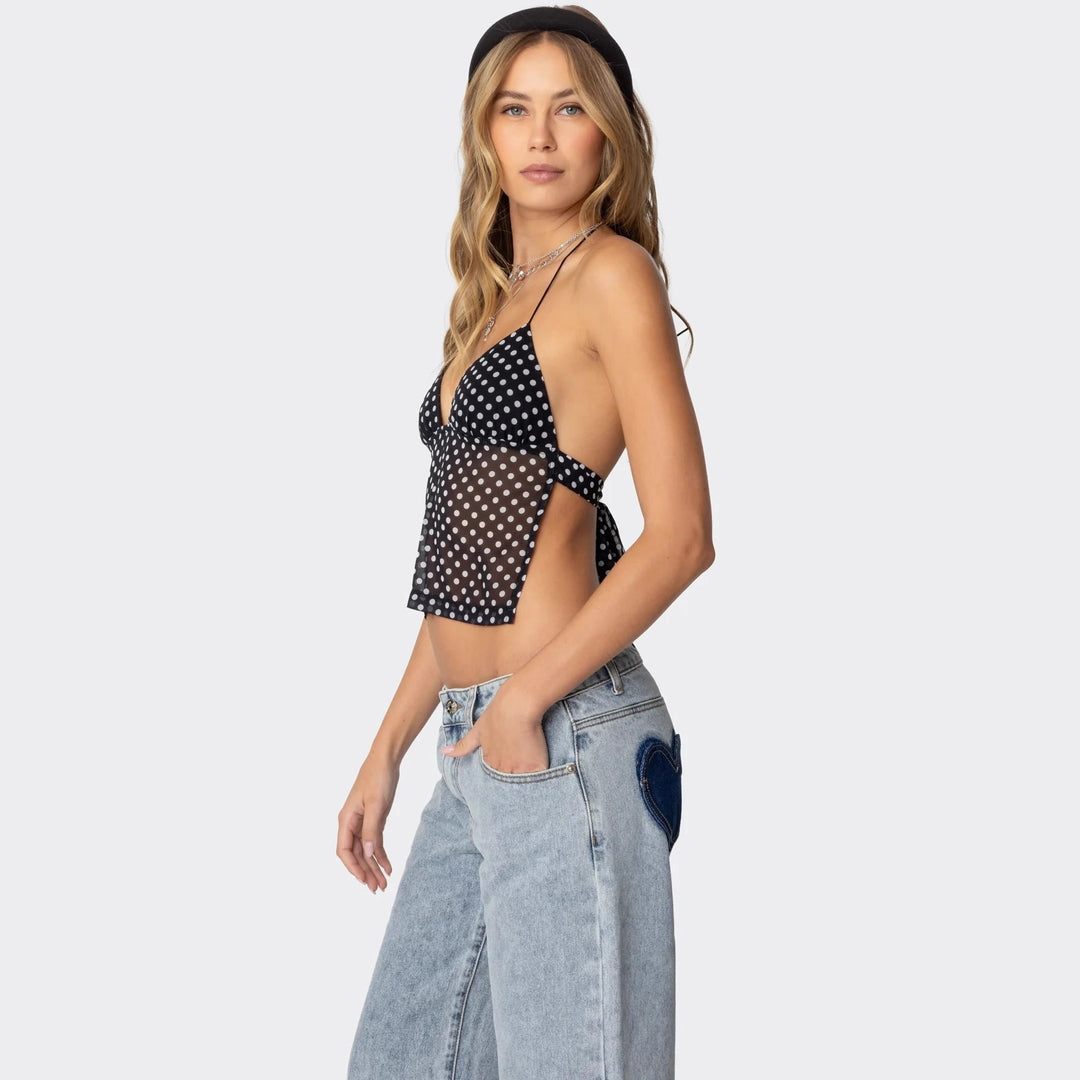 Damen Polka Dot Top mit zarten Trägern und figurbetontem Schnitt Drune