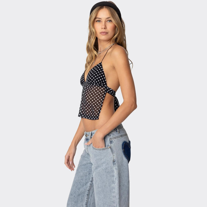 Damen Polka Dot Top mit zarten Trägern und figurbetontem Schnitt Drune