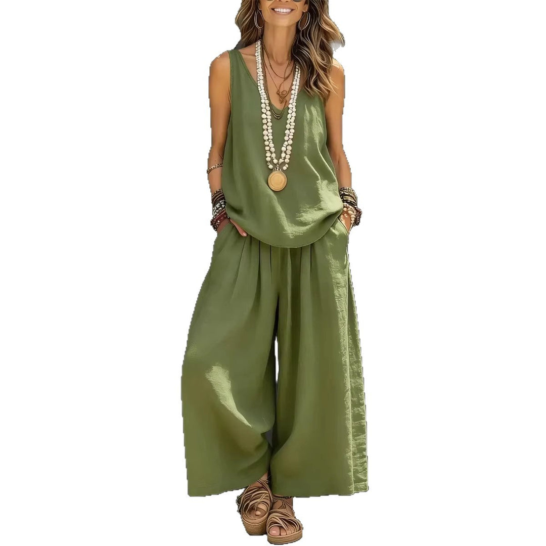 Damen Lockere Sommerbluse mit weitem Schnitt und hochtaillierter Hose Drune
