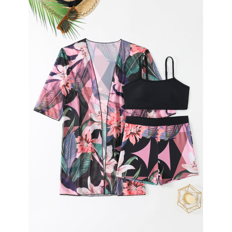 Damen Strandset mit floralem Kimono, Oberteil und Shorts Drune