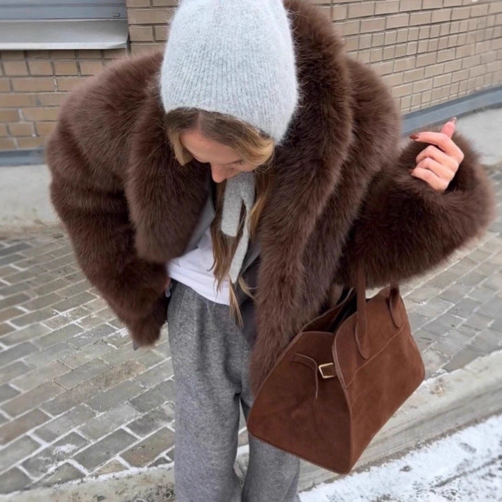 Damen Flauschige Kurzjacke mit oversized Kragen Drune