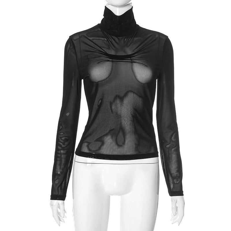 Damen trendiges, transparentes Longsleeve-Oberteil mit Stehkragen und Designfalten Drune