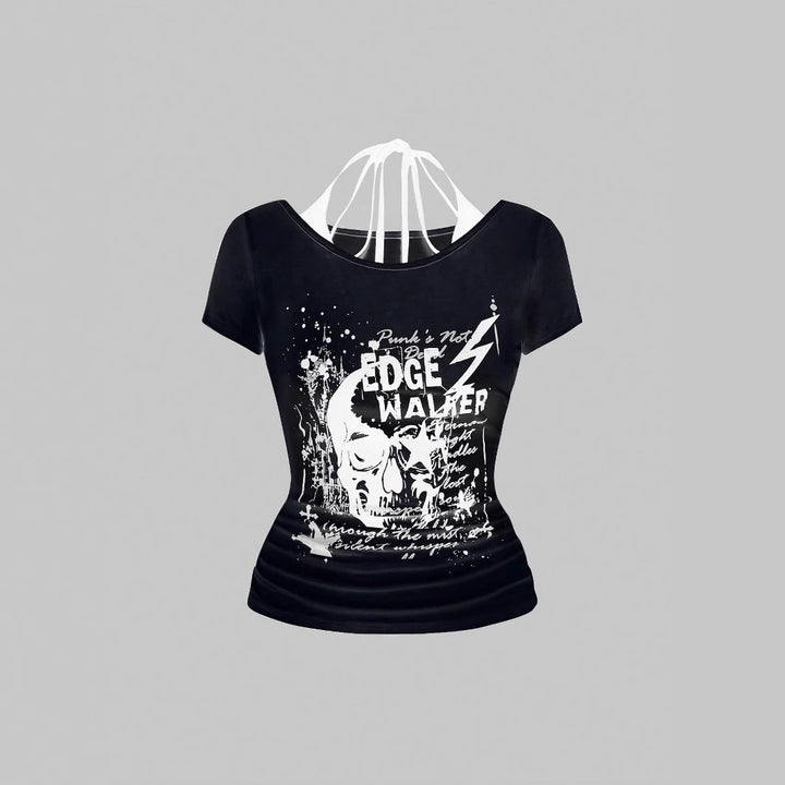 Damen kreatives Grafik-T-Shirt mit verführerischem Rückenausschnitt Drune