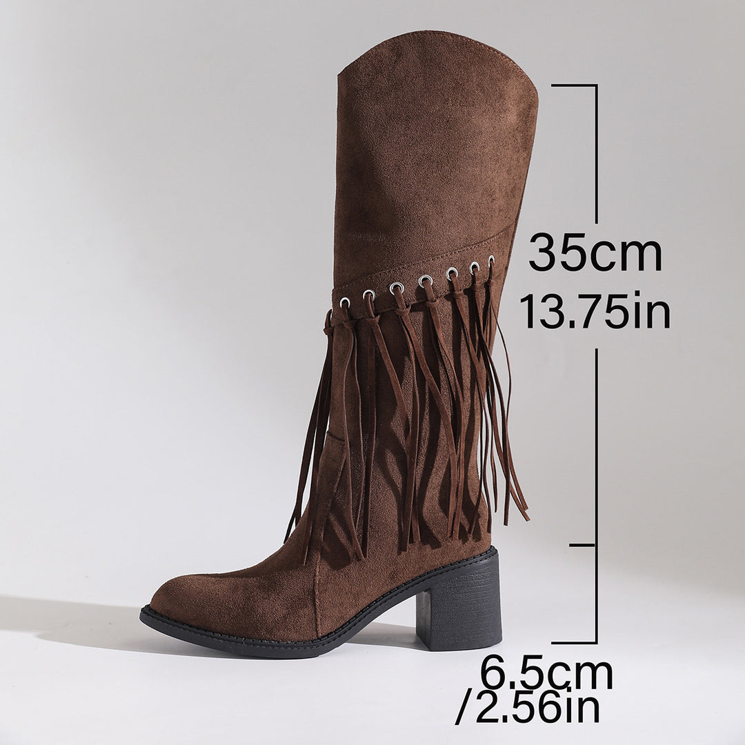 Damen wadenhohe Fransen-Stiefel in Wildlederoptik mit Ösendetail und mittelhohem Blockabsatz Drune