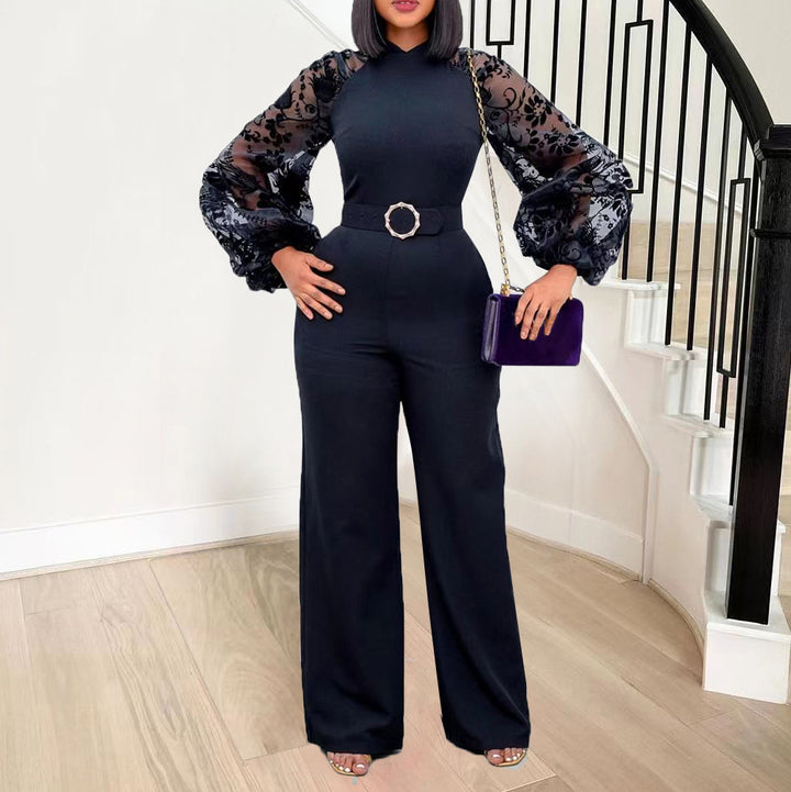 Damen Jumpsuit mit eleganten Puffärmeln und Taillengürtel Drune