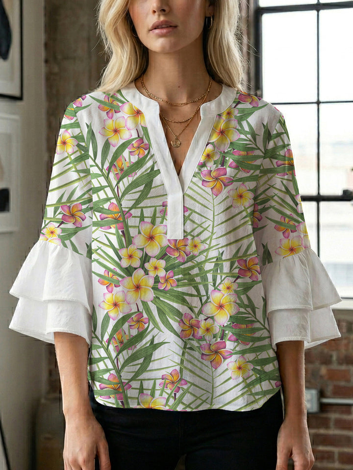 Damen elegantes Oberteil mit voluminösen Rüschensäumen und floralem Design Drune