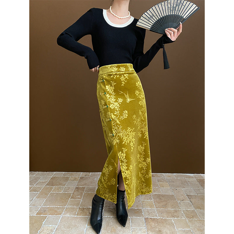 Damen Maxikleid mit floralem Samt-Design und elegantem Schlitz Drune