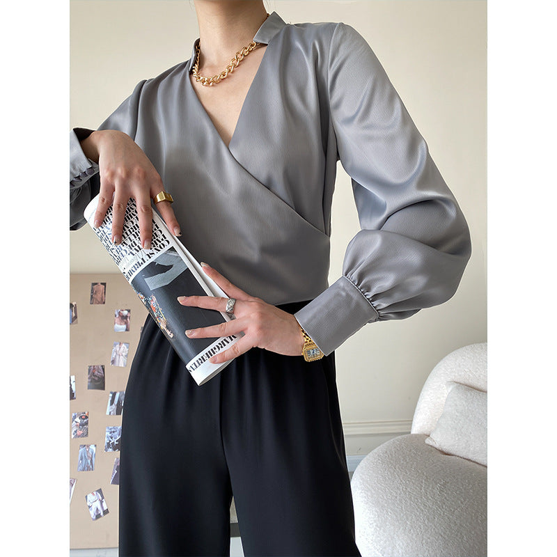 Damen elegantes Wickeloberteil mit detailsem V-Ausschnitt Drune