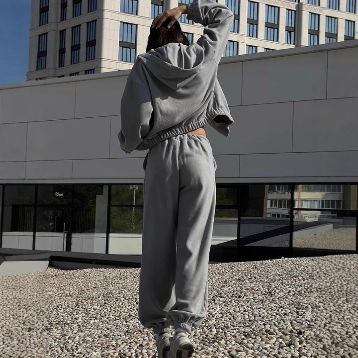 Damen sportlicher Fleece-Loungewear-Anzug mit hohem Kragen Drune