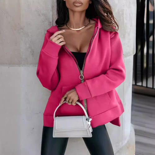Damen Modischer Kapuzen-Zip-Hoodie mit praktischen Taschen und glänzendem Reißverschluss Drune