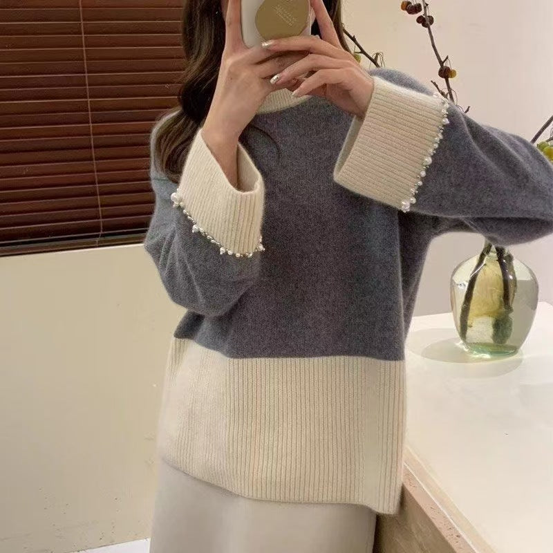Damen Modischer Strickpullover mit perlverzierten Ärmeln Drune