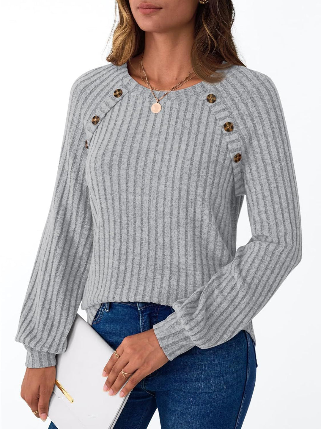 Damen Strickpullover mit dekorativen Knöpfen und modernem Rippenmuster Drune