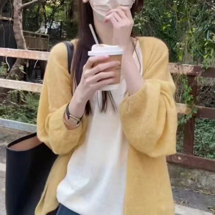 Damen flauschiger Cardigan mit lockerem Schnitt und weichen Ärmeln Drune