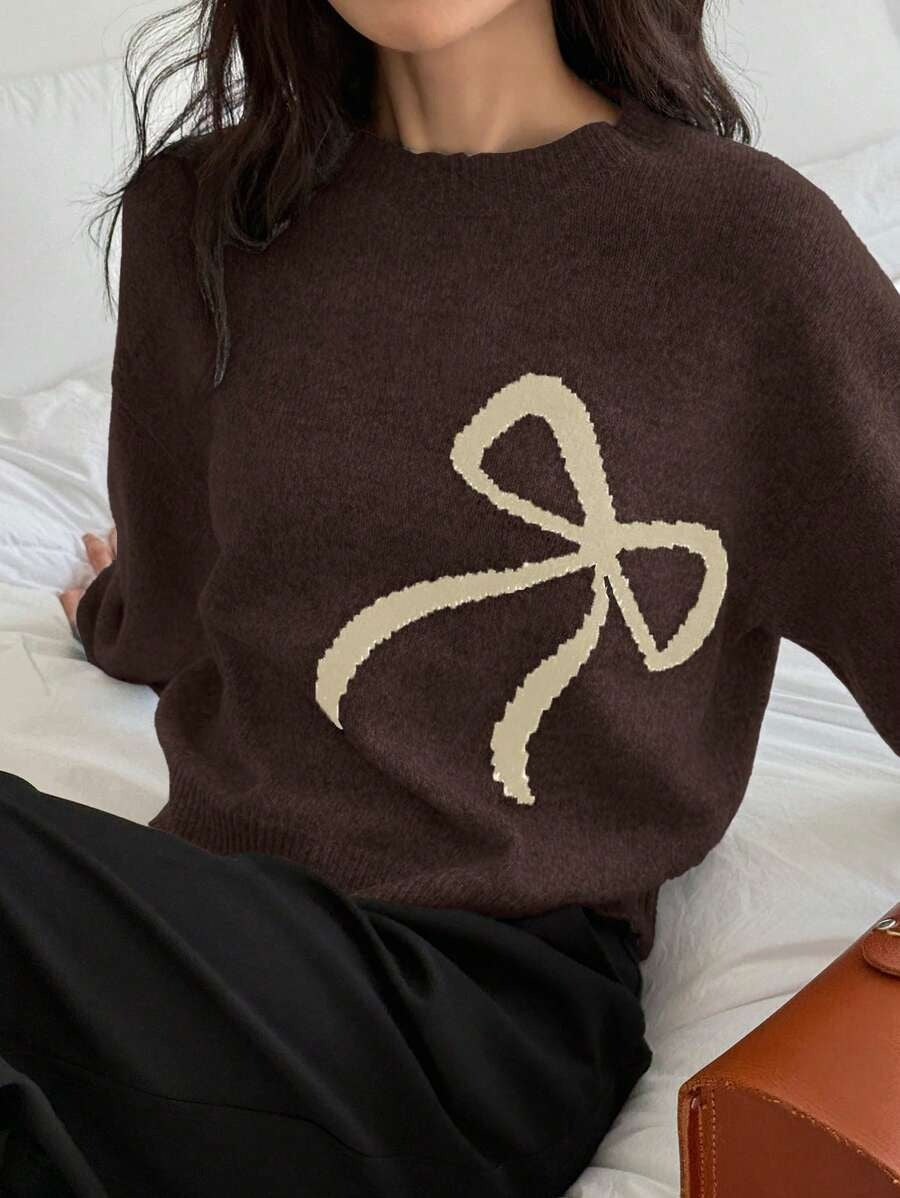 Damen kuscheliger Strickpullover mit dekorativem Schleifenmotiv Drune
