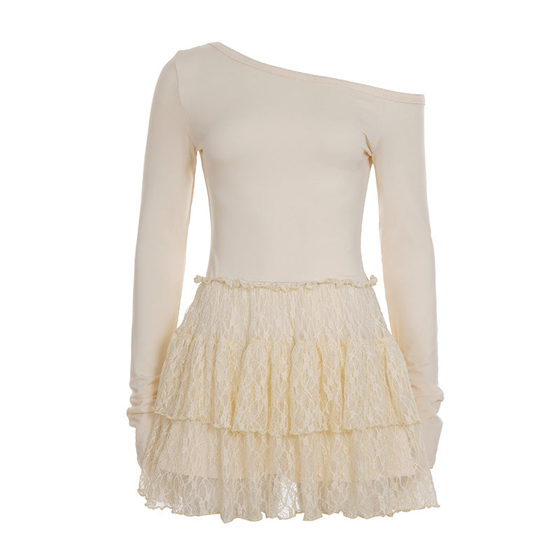 Damen nan asymmetrisches One-Shoulder Minikleid mit enganliegendem Stretch-Oberteil und mehrlagigem Spitzenvolantrock Drune