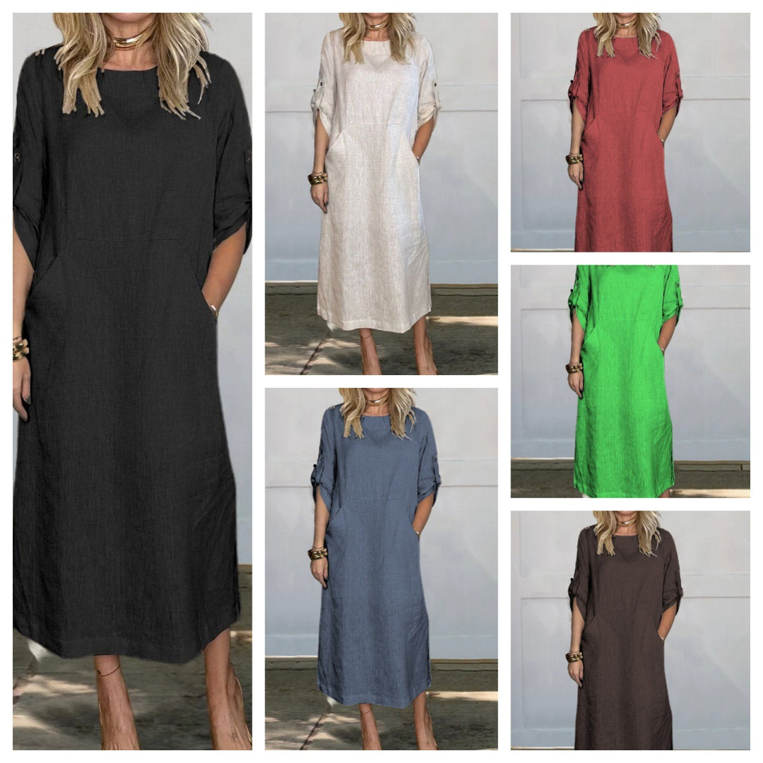 Damen Lässiges Leinen-Midikleid mit Seitentaschen und umschlagbaren Ärmeln Drune