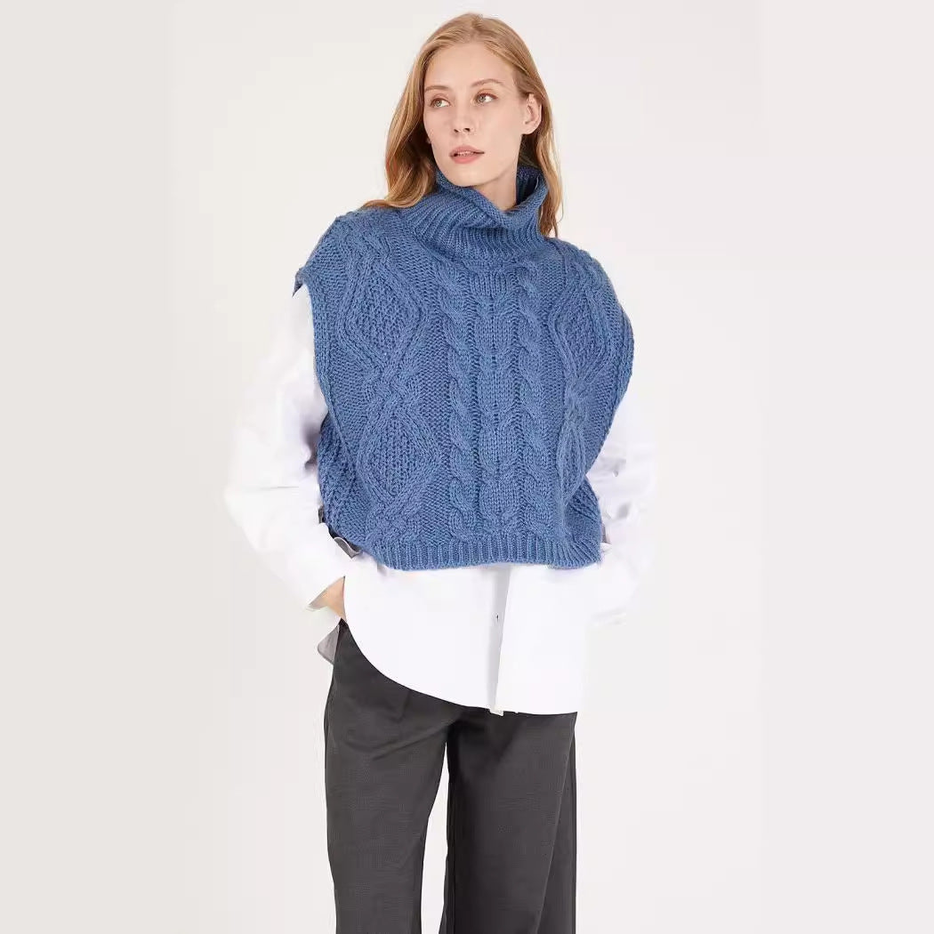 Damen modischer Strickpullover mit hohem Kragen und Zopfmuster Drune