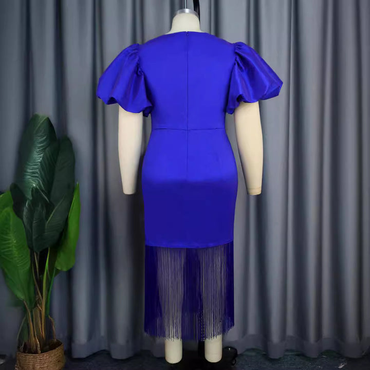 Damen Glamouröses Abendkleid mit voluminösen Puffärmeln und Fransen Saum Drune
