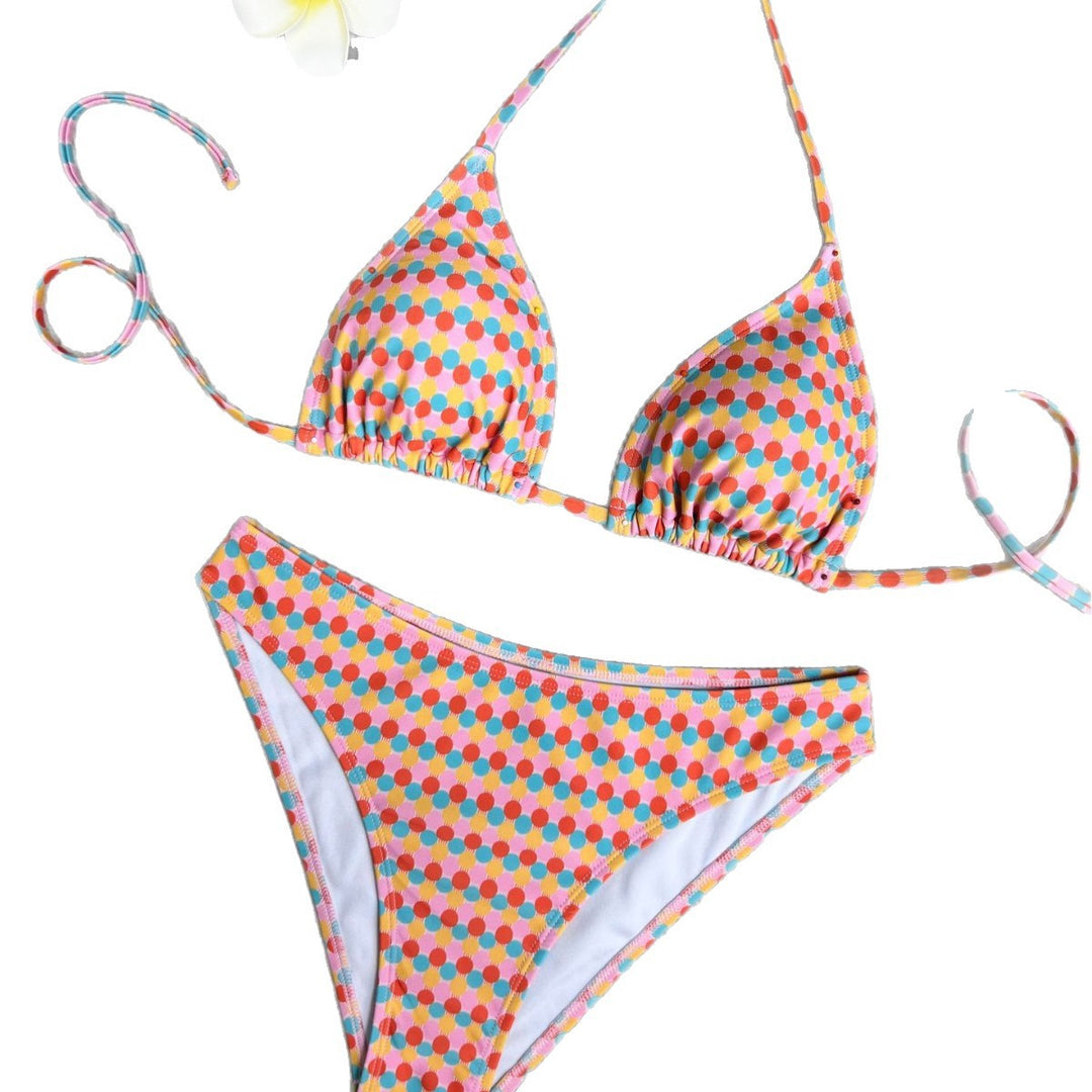 Damen Triangel-Bikini mit buntem Punktedesign und verstellbaren Bändern Drune