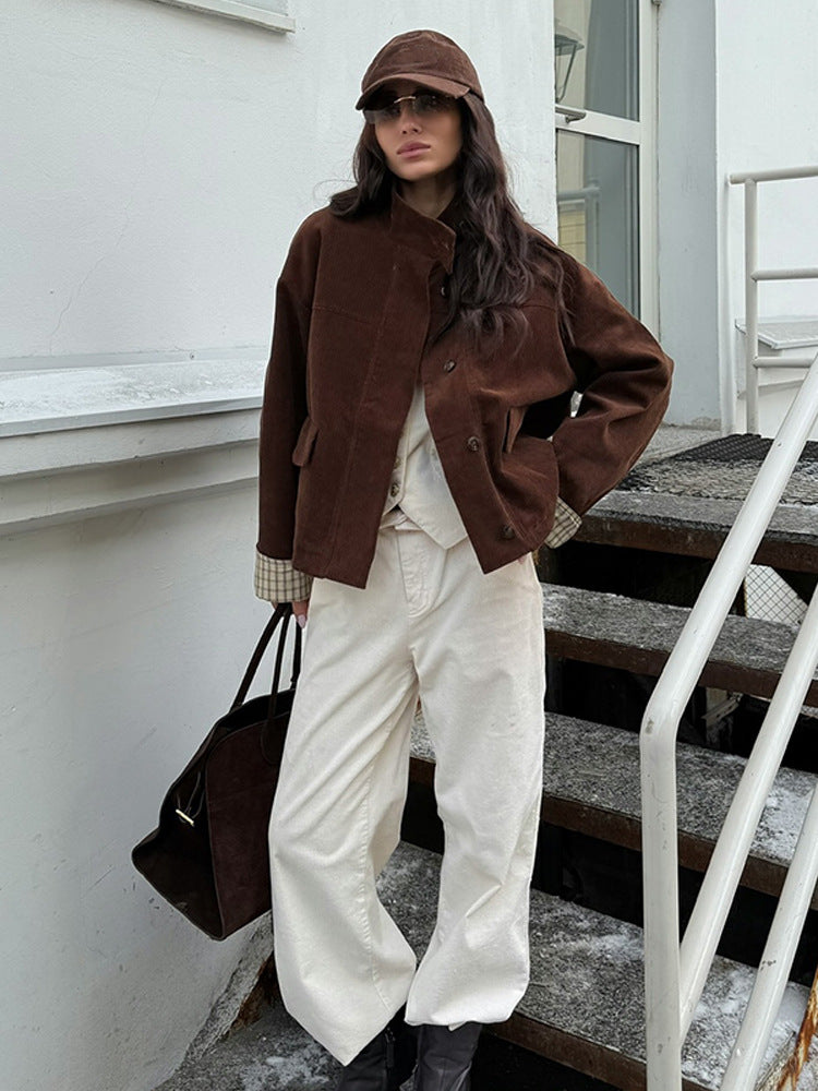 Damen lässige Cordjacke mit einzigartigem Schnitt und modischen Details Drune
