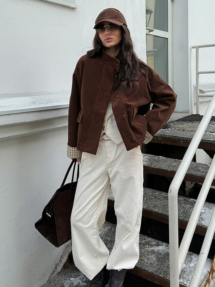 Damen lässige Cordjacke mit einzigartigem Schnitt und modischen Details Drune