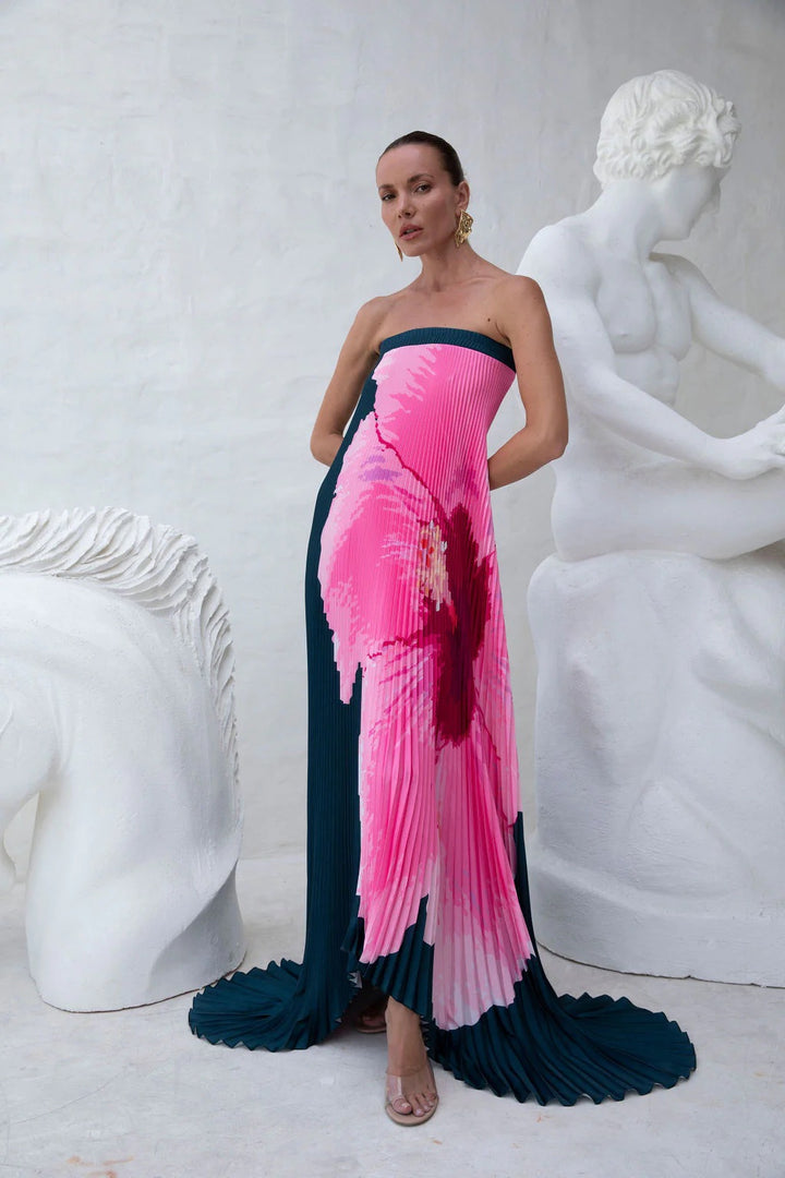 Damen Maxi-Kleid mit kunstvollem Plissee-Design und floralem Druck Drune