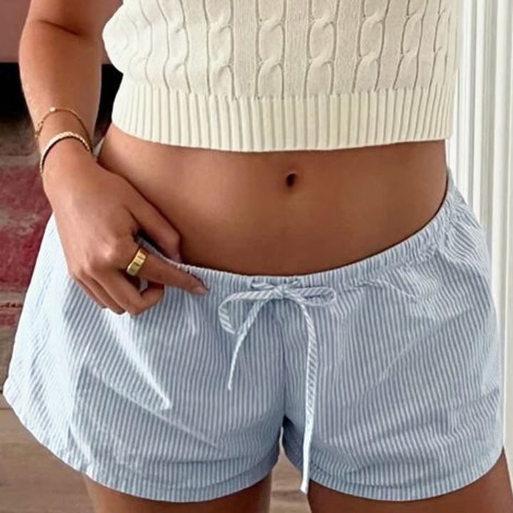 Damen Kurzschlafhose mit elastischem Bund und modischem Bindegürtel Drune