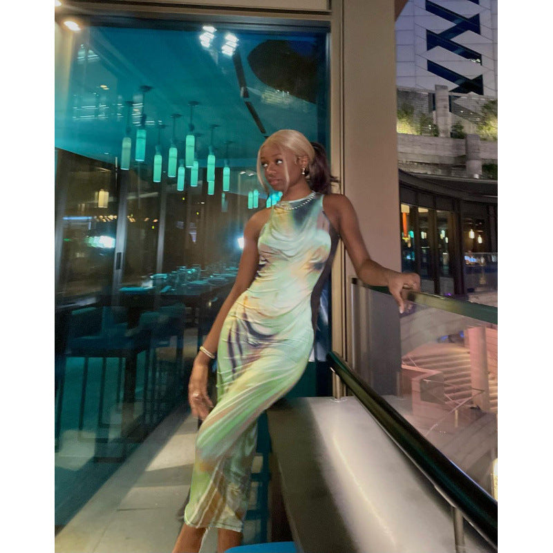 Damen Figurbetontes Maxikleid mit elegantem Grafikdruck und raffinierten Trägern Drune
