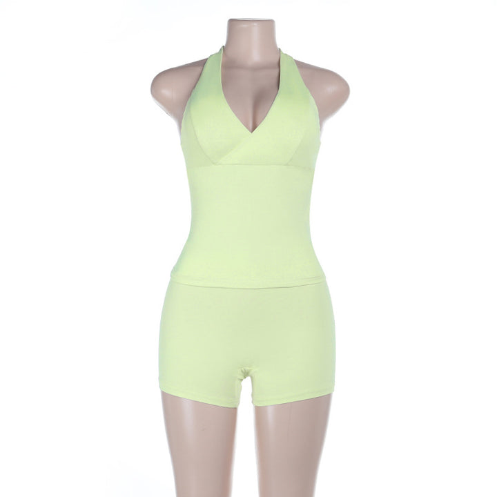 Damen sportlicher Einteiler mit tiefem V-Ausschnitt und schulterfreiem Design Drune