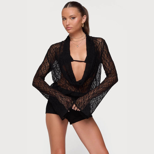 Damen Transparente Spitze Bluse mit tiefem V-Ausschnitt und weit ausgestellten Ärmeln Drune